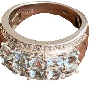 Sterling Silver Aquamarine Cubic Zirconia Square & Round Cut Unisex Ring Jewelry